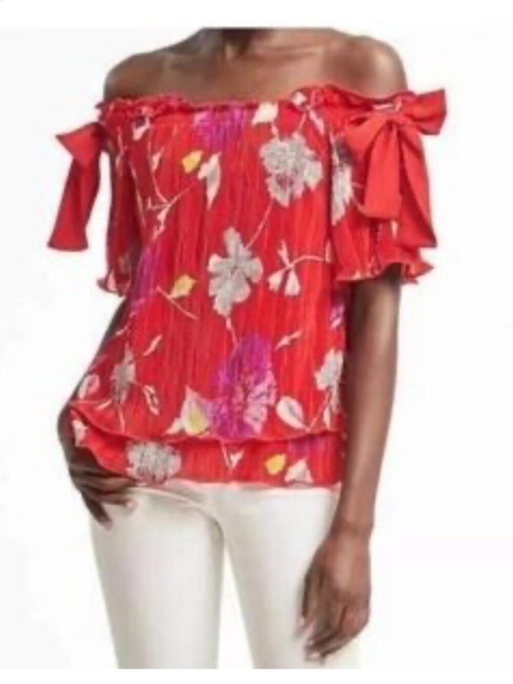 NWT Banana Republic Red Off The Shoulder Floral Top with Bows, Size Medium